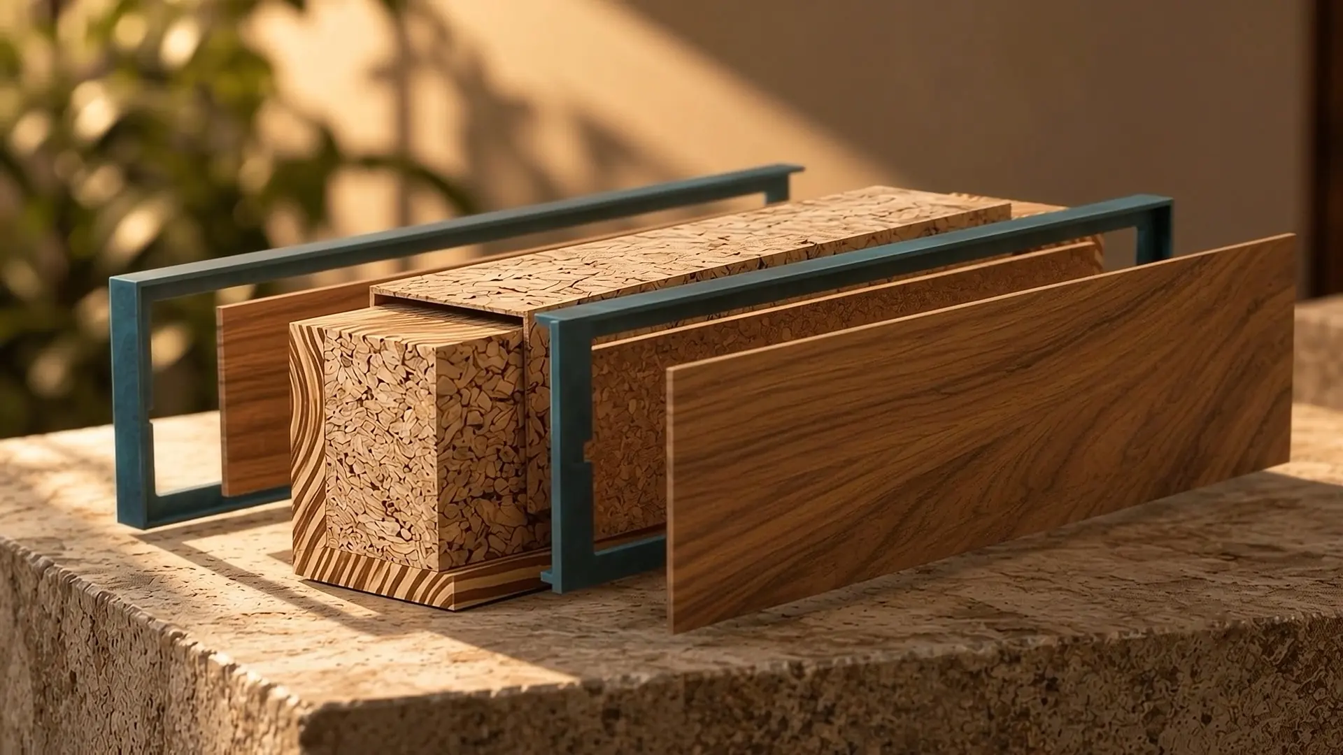A section of a Doorzzen door separated into its layers: veneer facing, edge banding, engineered core and rail-and-stile framework.