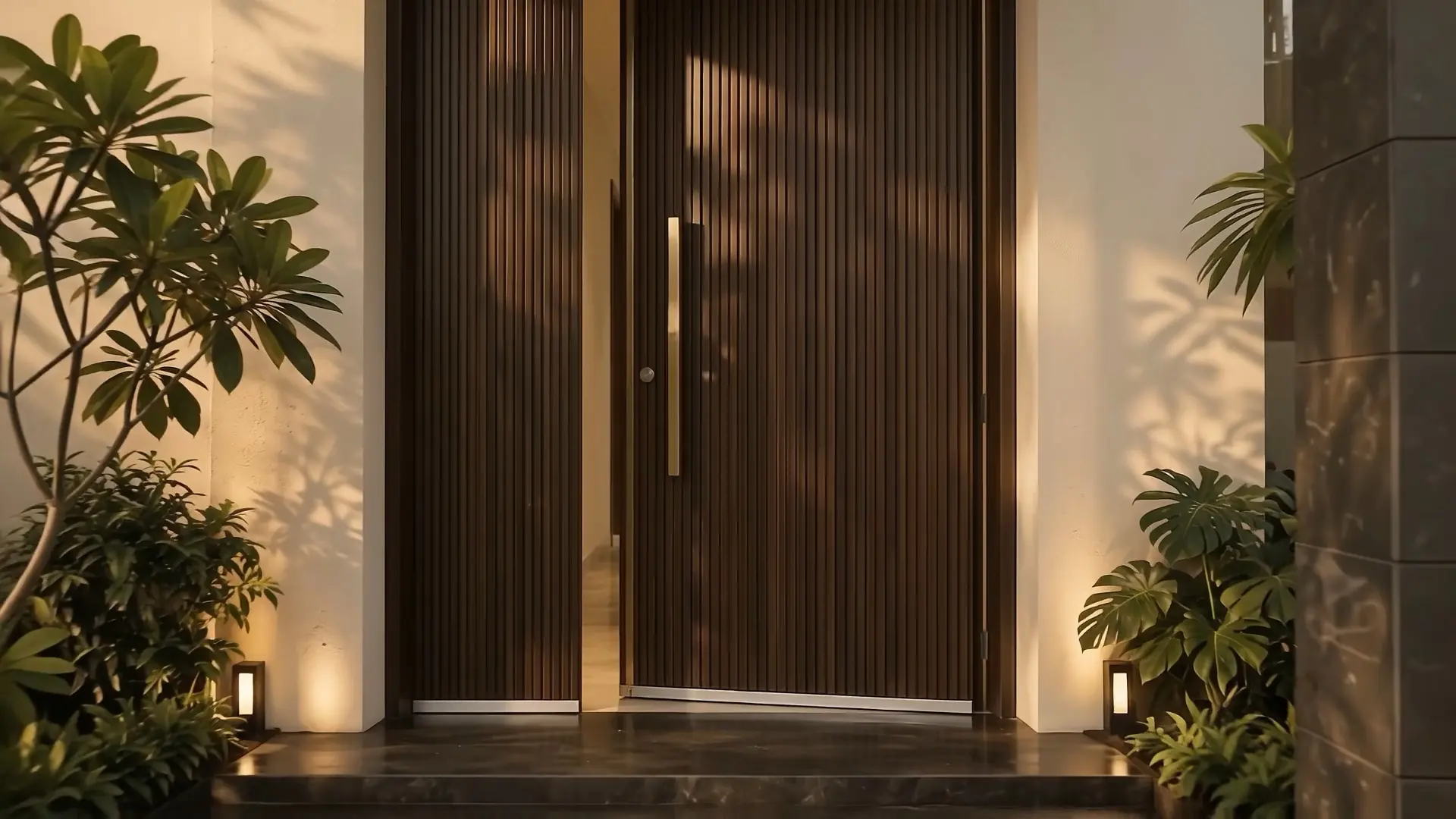 A fluted walnut entrance door with a single brass pull.