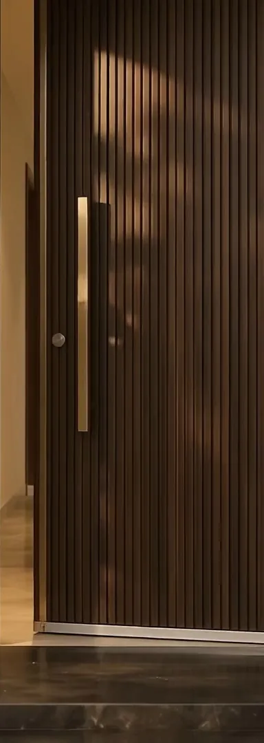 Fluted walnut and brass, close.