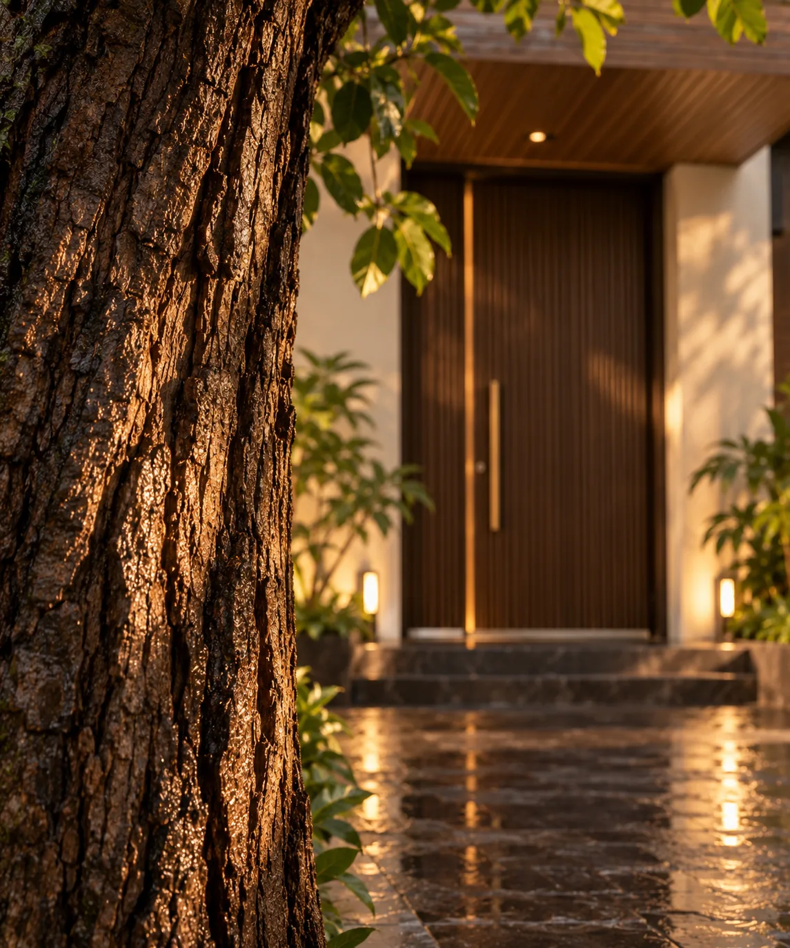 The bark of a rain tree outside the entrance, and a fluted walnut door with a brass pull behind it.